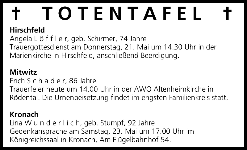  Traueranzeige für Totentafel vom 20.05.2015 vom 20.05.2015 aus MGO