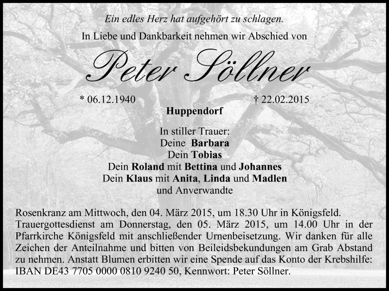  Traueranzeige für Peter Söllner vom 28.02.2015 aus MGO