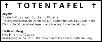 Anzeige von Totentafel vom 01.09.2015 von MGO