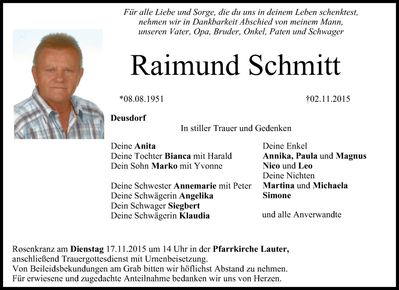  Traueranzeige für Raimund Schmitt vom 14.11.2015 aus MGO