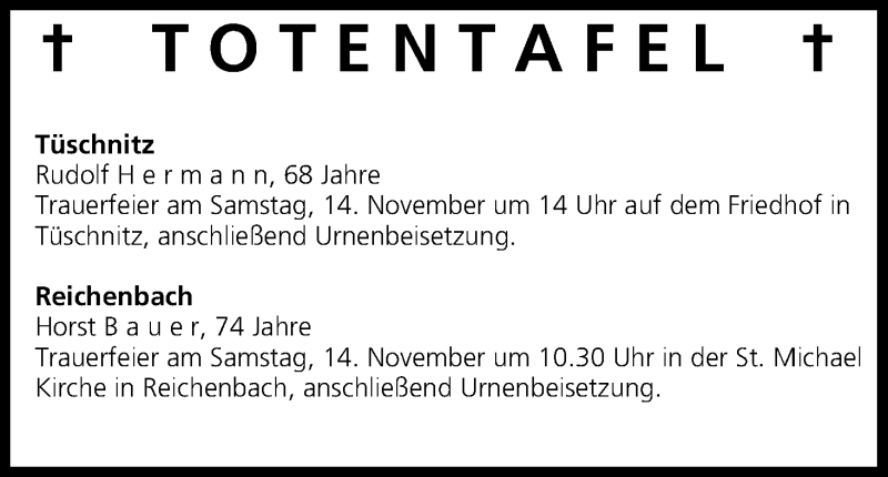  Traueranzeige für Totentafel vom 13.11.2015 vom 13.11.2015 aus MGO