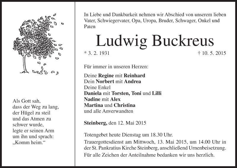  Traueranzeige für Ludwig Buckreus vom 12.05.2015 aus MGO