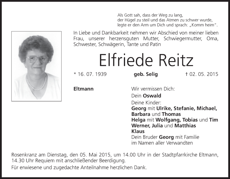  Traueranzeige für Elfriede Reitz vom 04.05.2015 aus MGO
