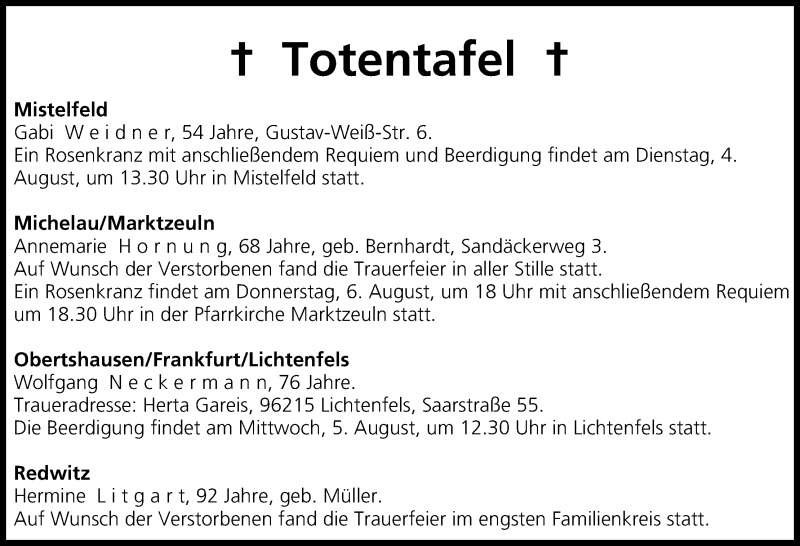  Traueranzeige für Totentafel vom 04.08.2015 vom 04.08.2015 aus MGO