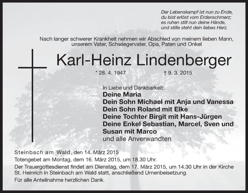  Traueranzeige für Karl-Heinz Lindenberger vom 14.03.2015 aus MGO