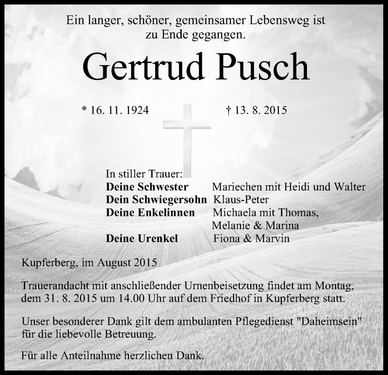  Traueranzeige für Gertrud Pusch vom 26.08.2015 aus MGO
