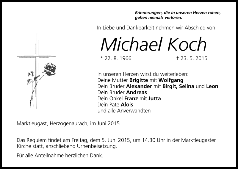  Traueranzeige für Michael Koch vom 02.06.2015 aus MGO