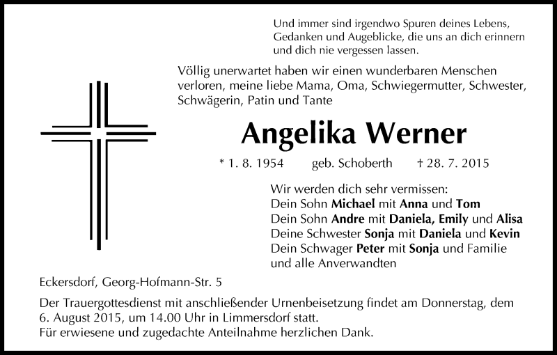  Traueranzeige für Angelika Werner vom 03.08.2015 aus MGO
