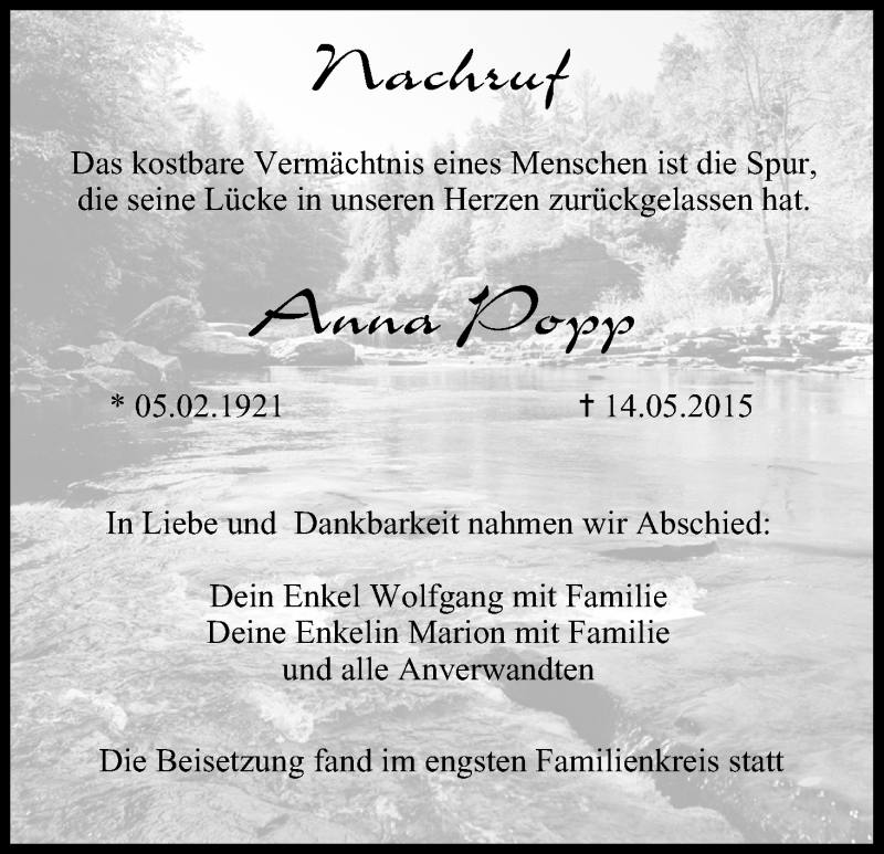  Traueranzeige für Anna Popp vom 30.05.2015 aus MGO