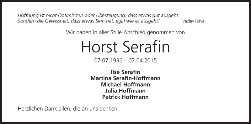  Traueranzeige für Horst Serafin vom 11.04.2015 aus MGO