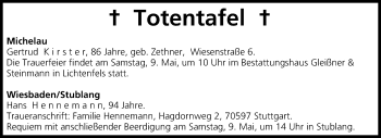 Anzeige von Totentafel 08.05.2015 von Mediengruppe Oberfranken