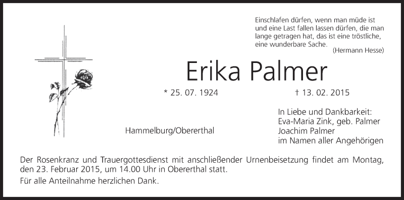  Traueranzeige für Erika Palmer vom 19.02.2015 aus MGO