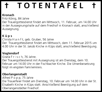 Anzeige von Totentafel vom 10.02.2015 von MGO