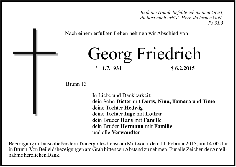  Traueranzeige für Georg Friedrich vom 10.02.2015 aus MGO