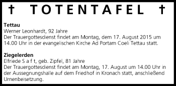 Anzeige von Totentafel vom 15.08.2015 von MGO