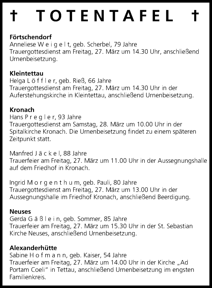  Traueranzeige für Totentafel vom 26.03.2015 vom 26.03.2015 aus MGO
