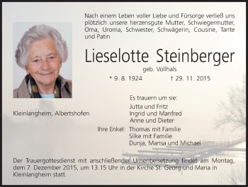 Anzeige von Lieselotte Steinberger von MGO