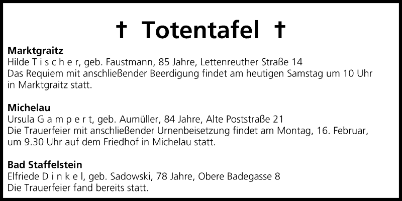  Traueranzeige für Totentafel vom 14.02.2015 vom 14.02.2015 aus MGO