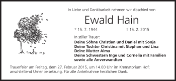 Anzeige von Ewald Hain von MGO