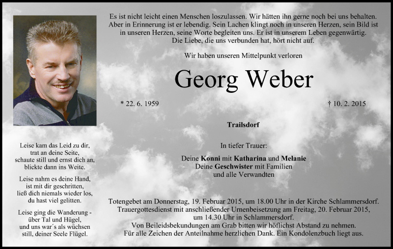  Traueranzeige für Georg Weber vom 17.02.2015 aus MGO