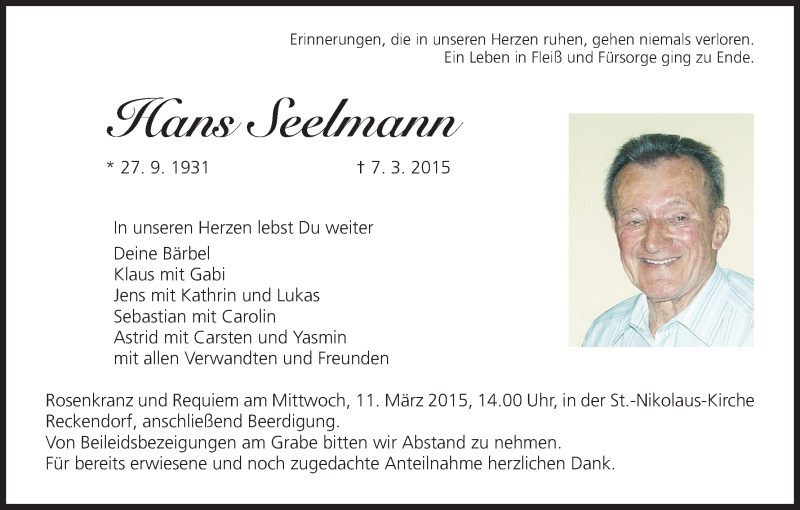  Traueranzeige für Hans Seelmann vom 10.03.2015 aus MGO
