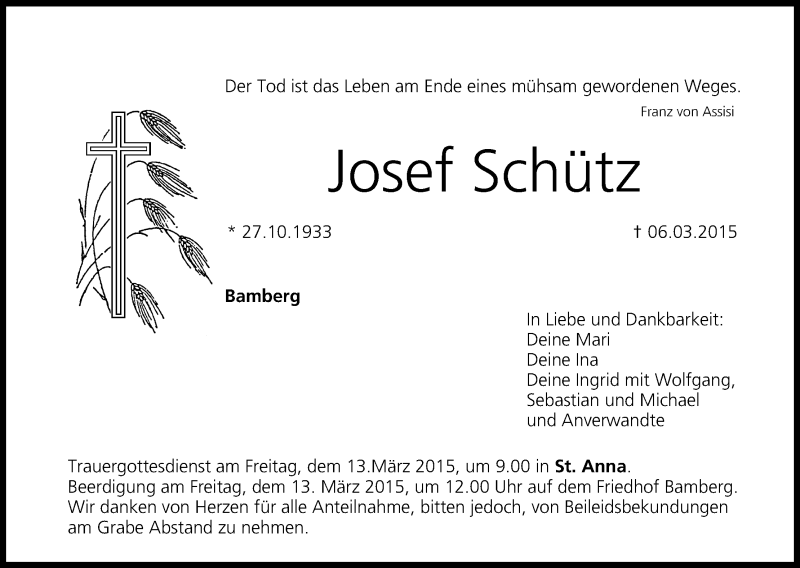  Traueranzeige für Josef Schütz vom 11.03.2015 aus MGO