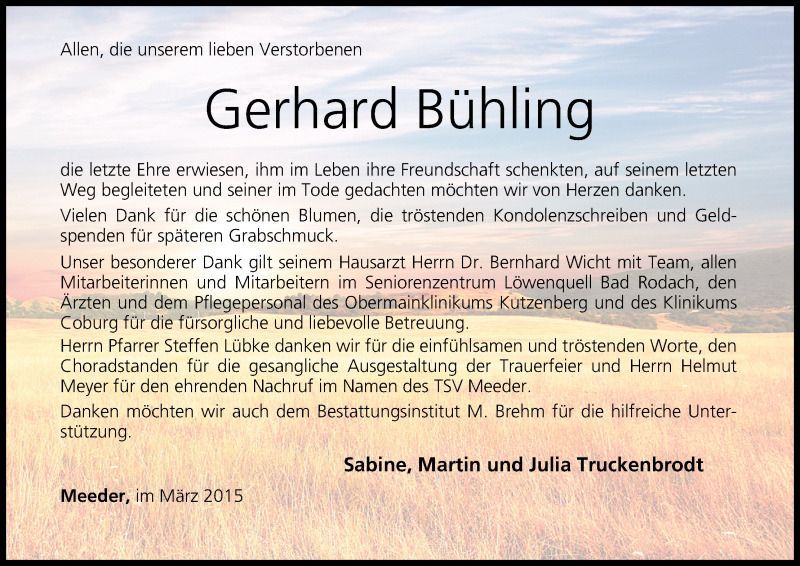  Traueranzeige für Gerhard Bühling vom 14.03.2015 aus MGO