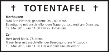 Anzeige von Totentafel vom 12.05.2015 von MGO