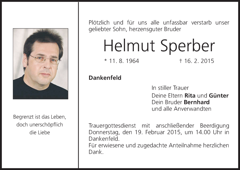  Traueranzeige für Helmut Sperber vom 18.02.2015 aus MGO