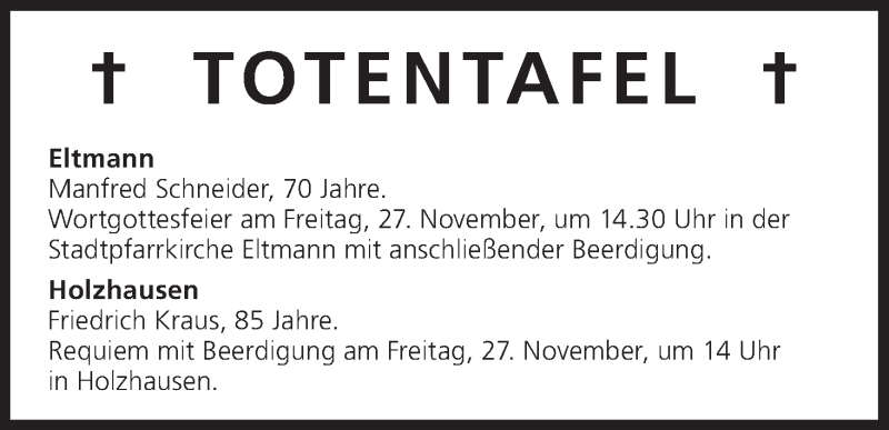  Traueranzeige für Totentafel vom 27.11.2015 vom 27.11.2015 aus MGO