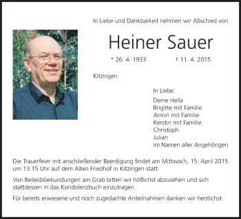 Anzeige von Heiner Sauer von MGO