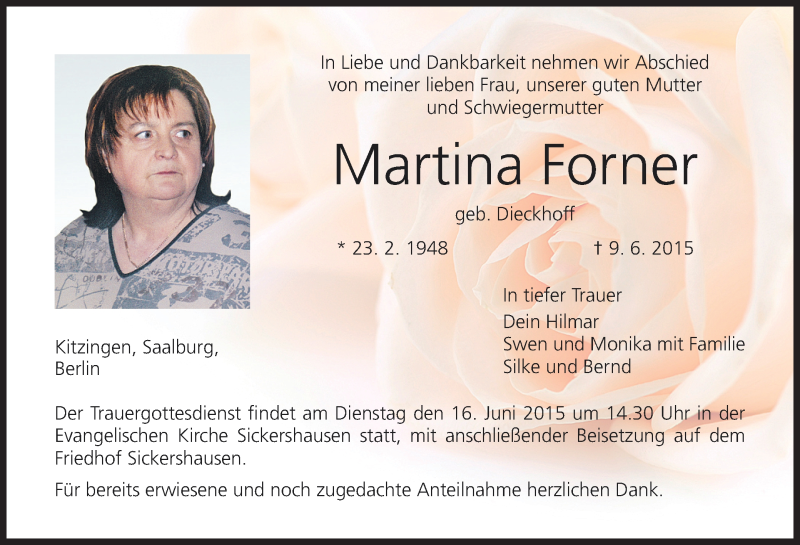  Traueranzeige für Martina Forner vom 13.06.2015 aus MGO
