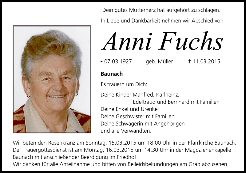  Traueranzeige für Anni Fuchs vom 14.03.2015 aus MGO
