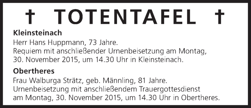  Traueranzeige für Totentafel vom 26.11.2015 vom 26.11.2015 aus MGO
