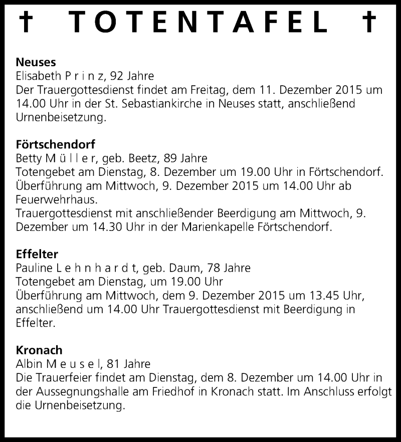  Traueranzeige für Totentafel vom 08.12.2015 vom 08.12.2015 aus MGO