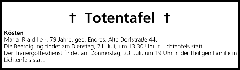  Traueranzeige für Maria Radler vom 18.07.2015 aus MGO