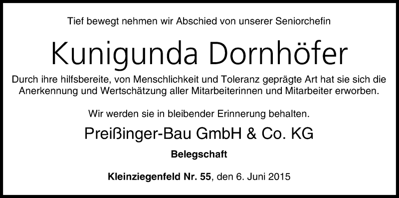  Traueranzeige für Kunigunda Dornhöfer vom 06.06.2015 aus MGO