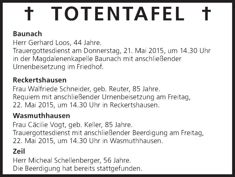  Traueranzeige für Totentafel vom 21.05.2015 vom 21.05.2015 aus MGO