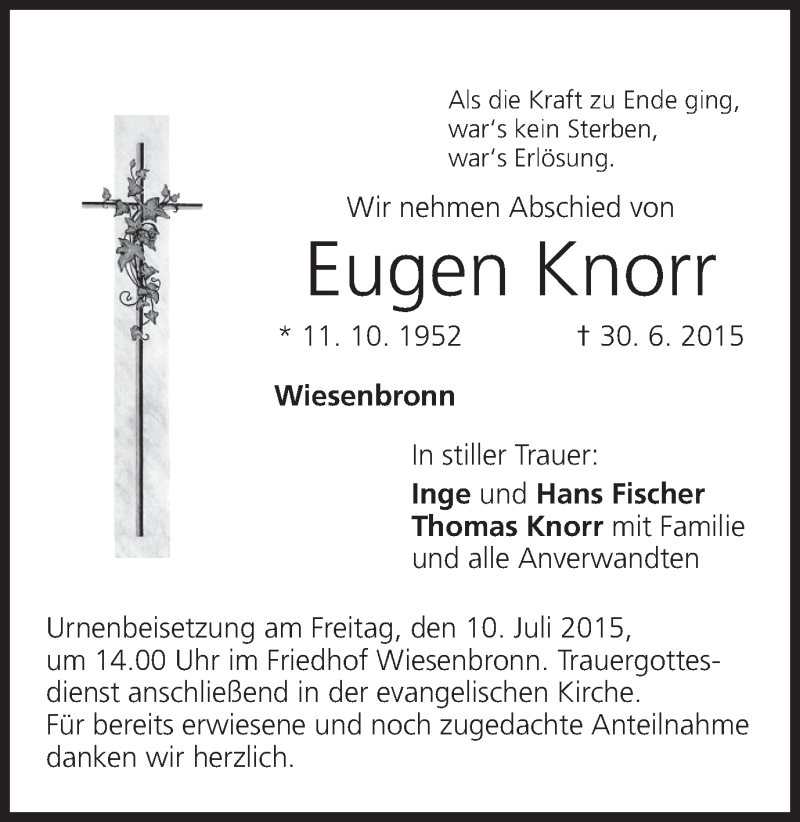  Traueranzeige für Eugen Knorr vom 08.07.2015 aus MGO