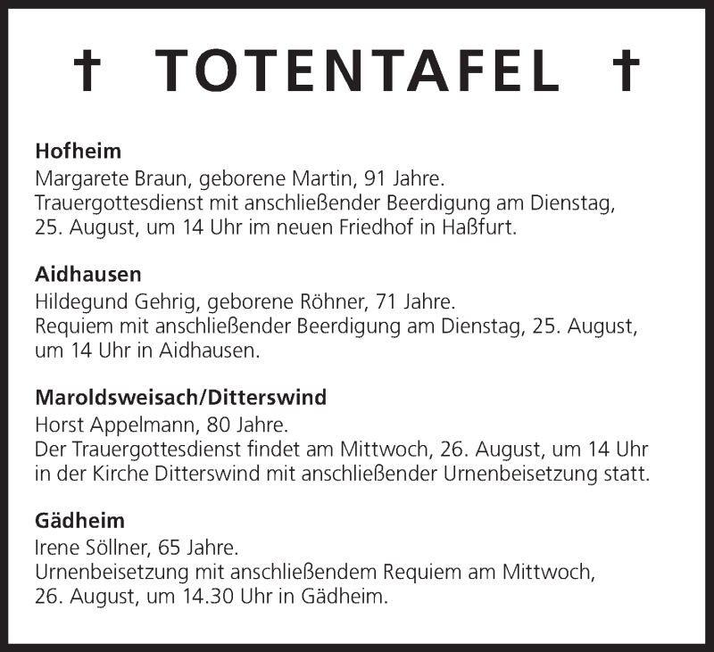  Traueranzeige für Totentafel vom 24.08.2015 vom 24.08.2015 aus MGO