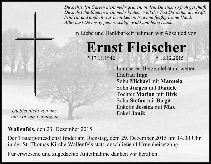  Traueranzeige für Ernst Fleischer vom 23.12.2015 aus MGO