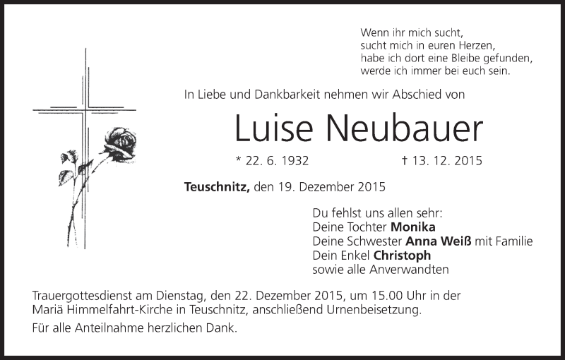  Traueranzeige für Luise Neubauer vom 19.12.2015 aus MGO
