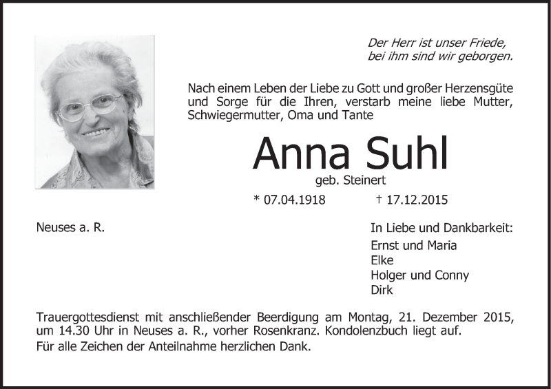  Traueranzeige für Anna Suhl vom 19.12.2015 aus MGO