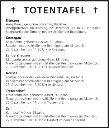 Anzeige von Totentafel vom 22.12.2015 von MGO
