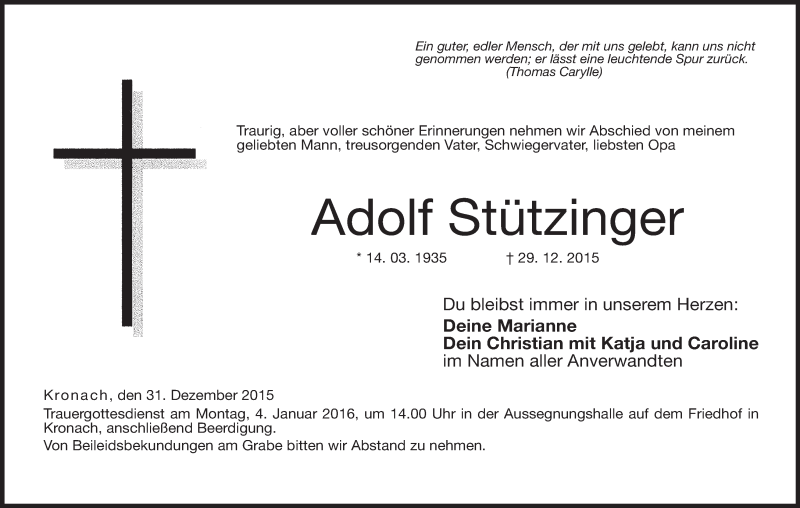  Traueranzeige für Adolf Stützinger vom 31.12.2015 aus MGO