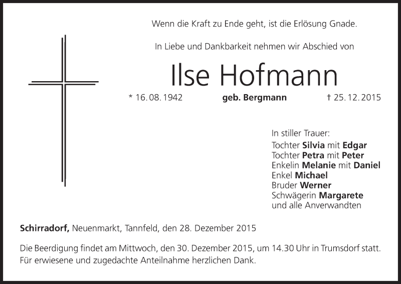  Traueranzeige für Ilse Hofmann vom 28.12.2015 aus MGO