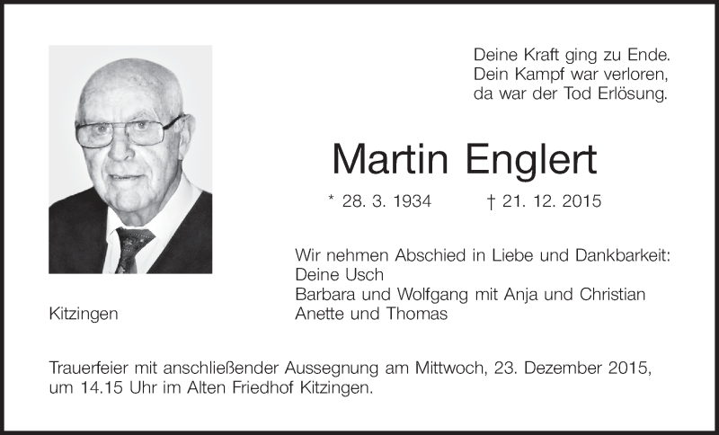  Traueranzeige für Martin Englert vom 23.12.2015 aus MGO
