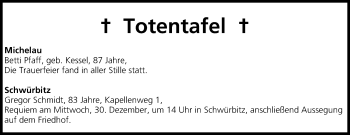 Anzeige von Totentafel vom 30.12.2015 von MGO