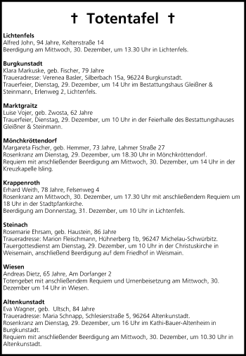 Anzeige von Totentafel vom 29.12.2015 von MGO