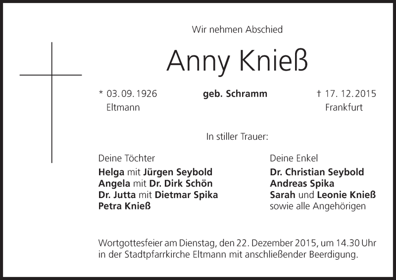  Traueranzeige für Anny Knieß vom 21.12.2015 aus MGO